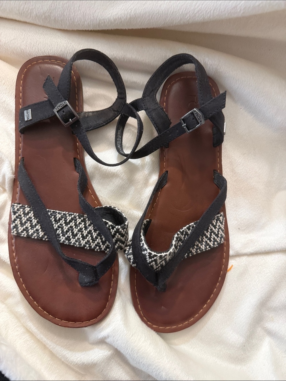 Toms Black and Brown Woven Strap Leather Sandals - Women